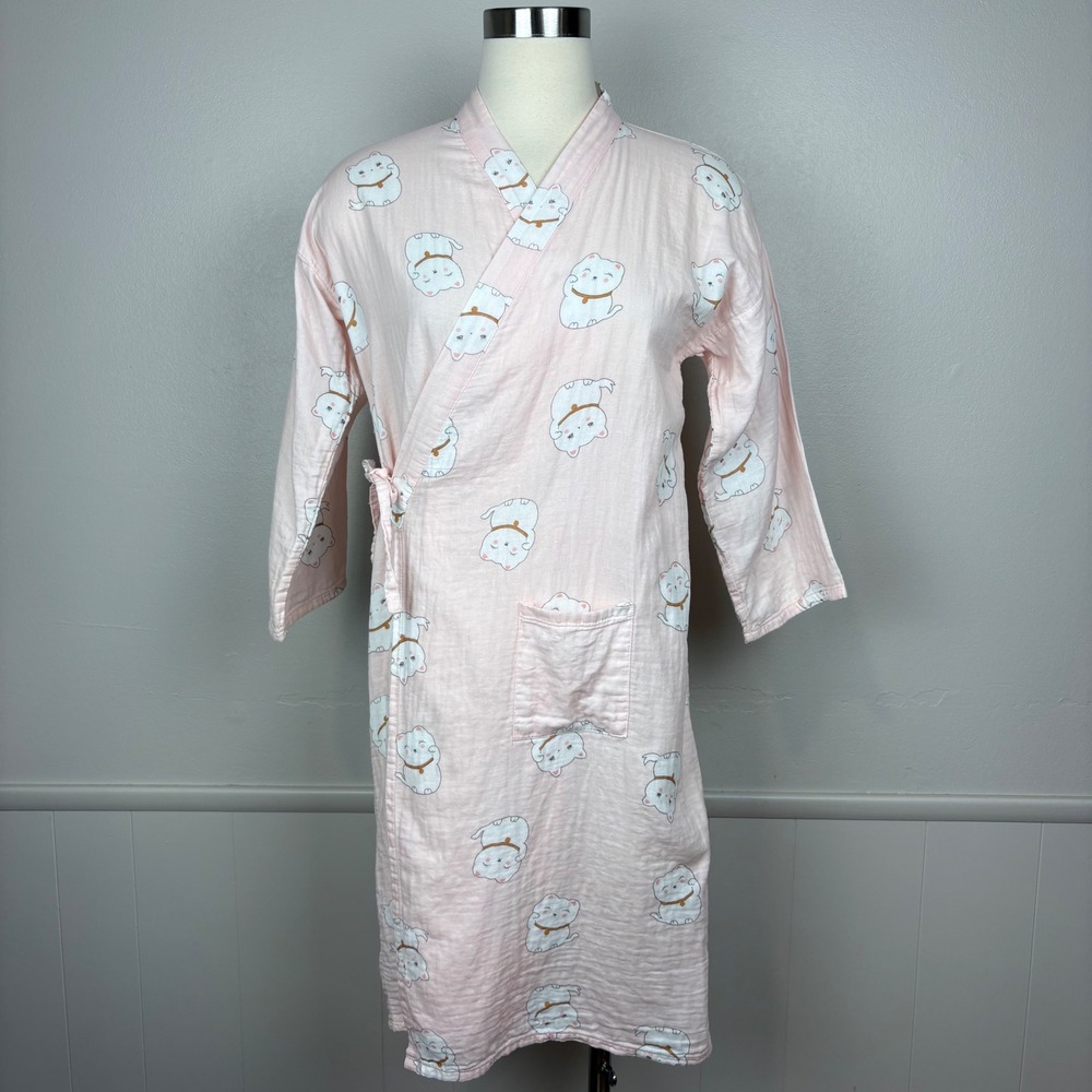 Cotton Short Kimono Robe Size M Pink Beckoning Lucky Cat Print‎ Cute Kawaii